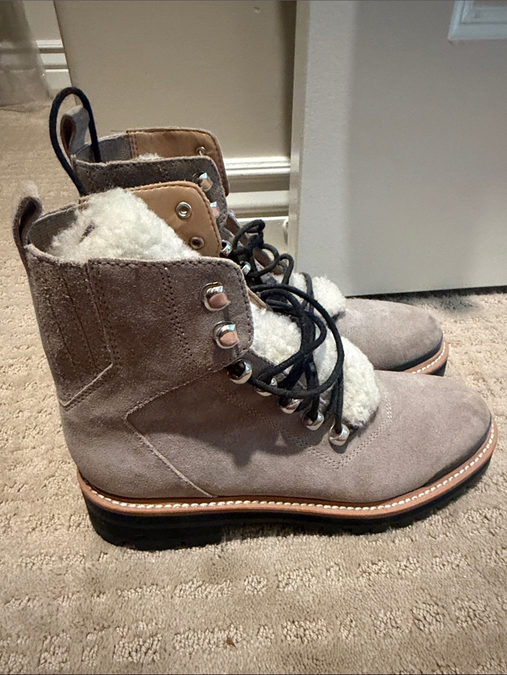 Marc Fisher Taupe (more gray) Suede Shearling-Lined Lace-Up Ankle Boots - Women